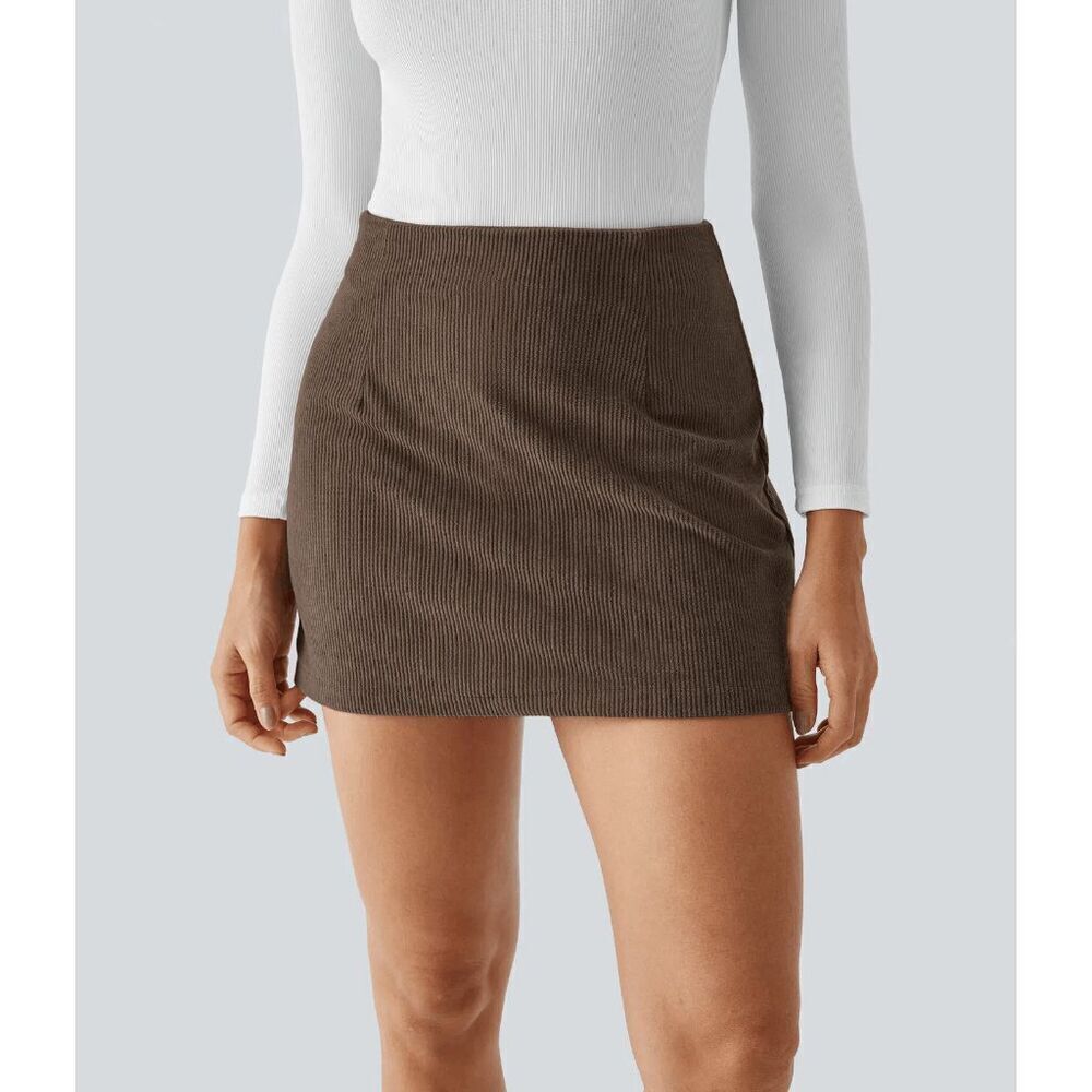 Halara NWT AuraCord Cloud High-waisted 2-in-1 A-line Corduroy Brown skirt Small‎